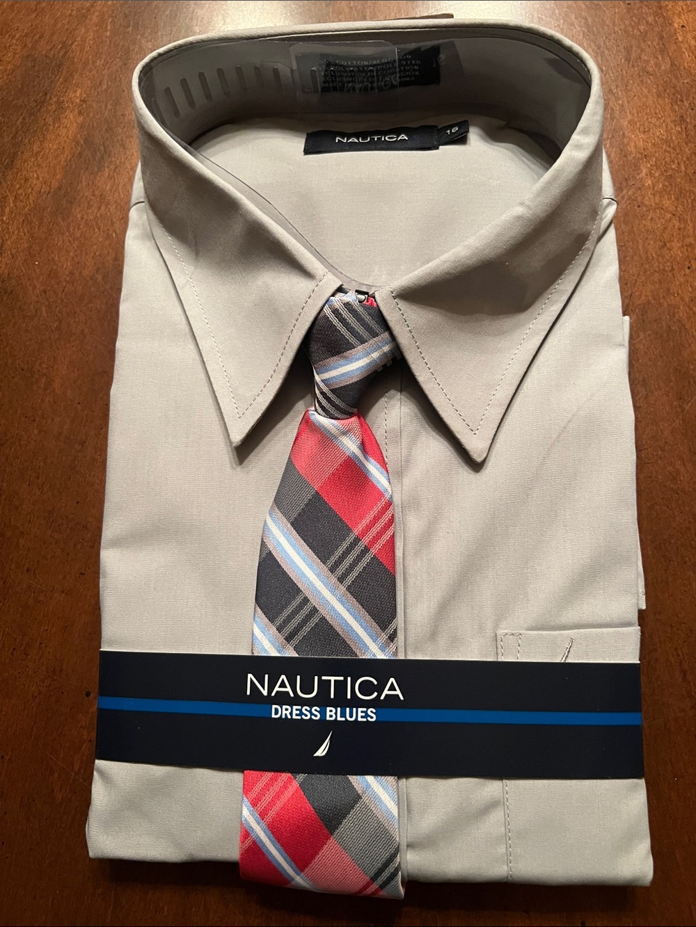 Nautica Boys Gray Dress Shirt with Red & Blue Plaid Tie